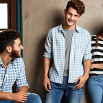 **Casual Look:** A young man wearing a light-colored check shirt, jeans, and sneakers, hanging out with friends. He is smiling and relaxed.