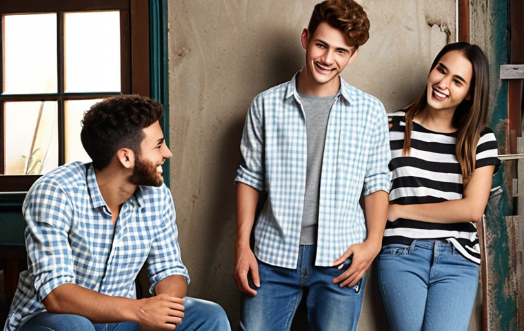 **Casual Look:** A young man wearing a light-colored check shirt, jeans, and sneakers, hanging out with friends. He is smiling and relaxed.