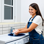 **

A professional woman in a modest, fully clothed outfit (jeans and a blouse), demonstrating hand-washing a pair of jeans in a basin. She is smiling slightly, showing care. The background is a simple laundry room setting. safe for work, appropriate content, perfect anatomy, natural proportions, well-formed hands, family-friendly.

**