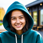 **

A young woman wearing a comfortable hoodie sweatshirt (fully clothed) in a casual outdoor setting, like a park or coffee shop. She is smiling and appears relaxed. The background is slightly blurred to emphasize the subject. Include natural lighting and focus on soft textures. Safe for work, appropriate content, modest clothing, professional quality, perfect anatomy, natural proportions.

**