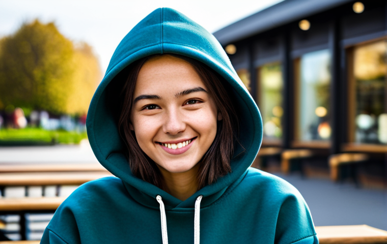 **

A young woman wearing a comfortable hoodie sweatshirt (fully clothed) in a casual outdoor setting, like a park or coffee shop. She is smiling and appears relaxed. The background is slightly blurred to emphasize the subject. Include natural lighting and focus on soft textures. Safe for work, appropriate content, modest clothing, professional quality, perfect anatomy, natural proportions.

**
