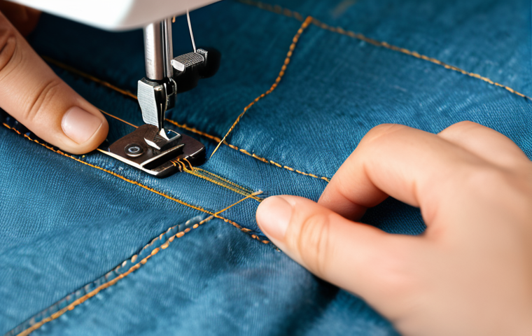 남성 바지 기장 조정법 - A woman demonstrates how to measure the hemline of a pair of pants, standing in front of a mirror. F...